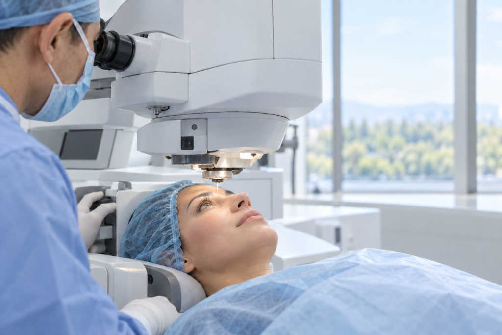 Patient positioned beneath LASIK laser equipment while an ophthalmologist prepares for treatment in a bright clinic.